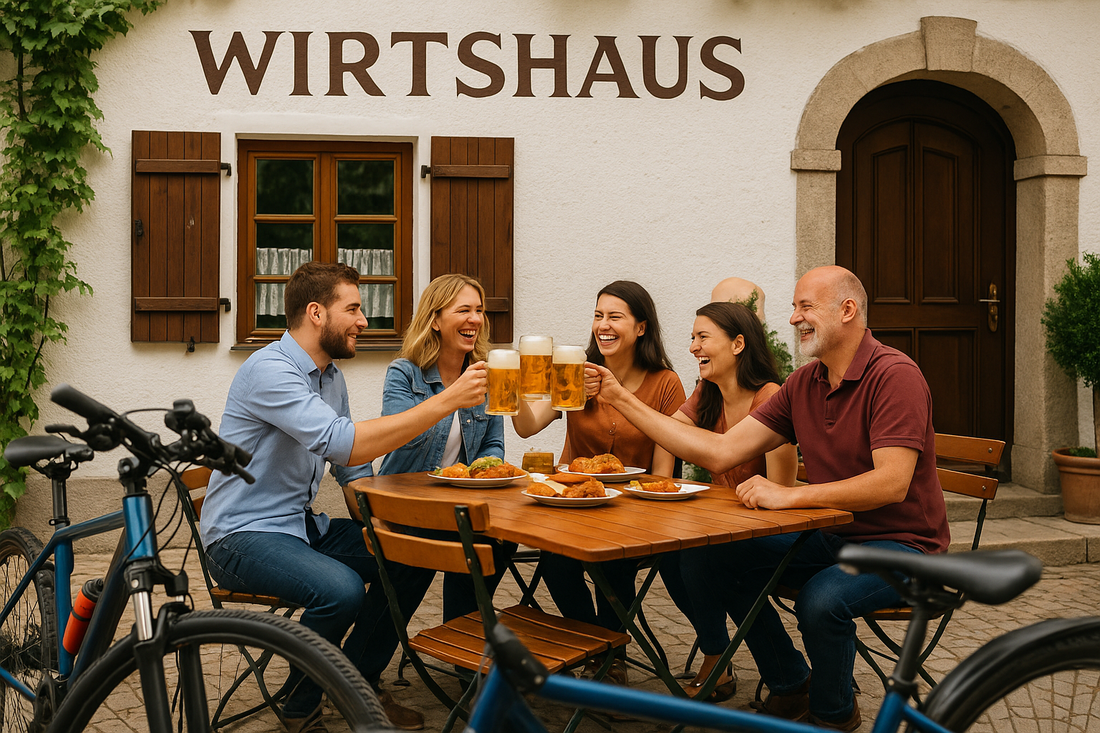 Freunde vor dem Stixer Hof mit Fahrrädern