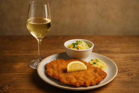 Wienerschnitzel mit ein Glas Wein